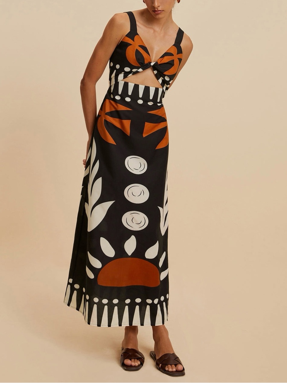 Commense Black Orange Floral Cutout Midi Dress XL Plunge Resort Vacation
